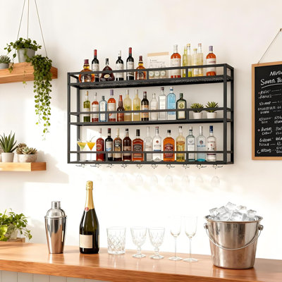 59" Large Wine Rack Wall Mounted With Bottle Glass Holder, 3-Tiers Metal Bar Shelves For Liquor Bottles With LED Light, Wall Wine Rack For Home, Resta