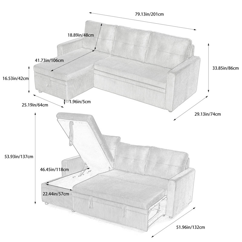 Upholstered L-Shape Gray Corduroy Space-Saving Sleeper Pull-Out Sofa With Hidden Storage, Gray Corduroy