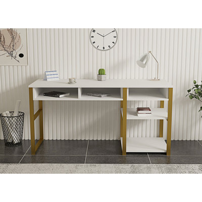 Bureau d'étude moderne avec pieds en métal, blanc et or, 59,1 x 29,8 x 22,9 pouces | 100% panneau de particules enduit de mélamine, épaisseur: 0,7 pouce | Conception polyvalente avec rangement supplémentaire, élégant et fonctionnel pour le bureau à domicile