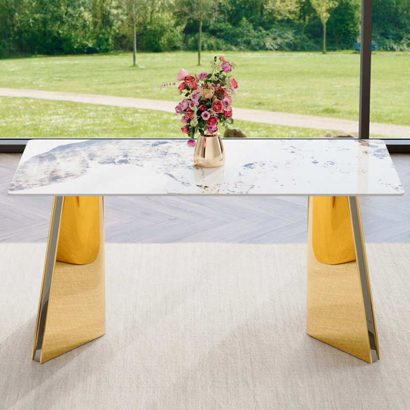Table de salle à manger 63 po x 31,5 po x 30 po avec pieds papillon en acier inoxydable doré - Texture haute pour un style et un savoir-faire dorés