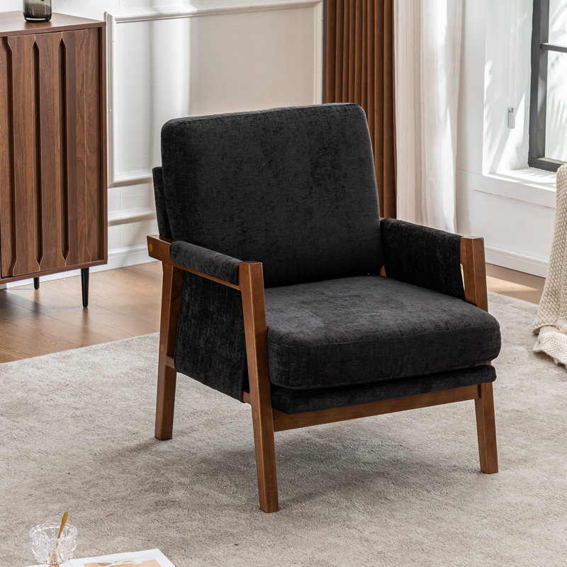 Quinze Mid Century Modern Upholstered Chenille Solid Wood Accent Armchair, Black