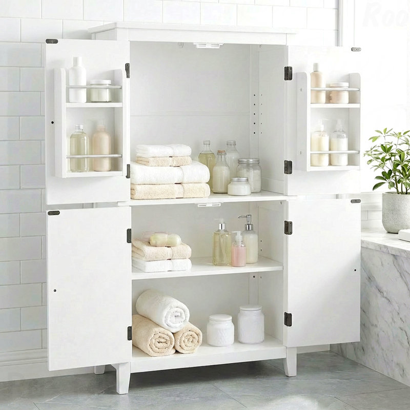 Elegant 4-Door Bathroom Floor Storage Cabinet with Adjustable Shelves - White, White