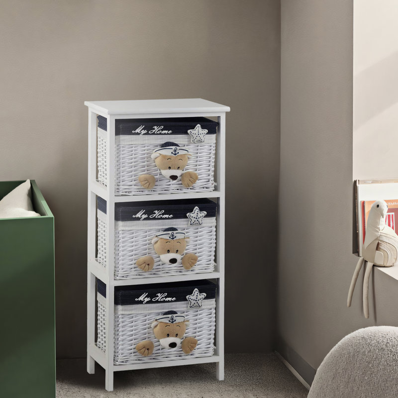 3 Drawer Wooden Cabinet with Wicker Storage Baskets and Tan Teddy Bear Design for Home Organization