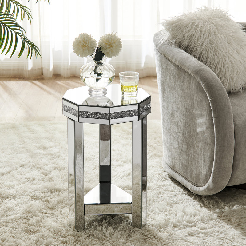 Table basse octogonale miroir 2 avec cristaux, argentée, pour salon, chambre, petits espaces, 35 cm l x 35 cm p x 53 cm h, finition brillante, incrustation de cristaux aux extrémités en acrylique.