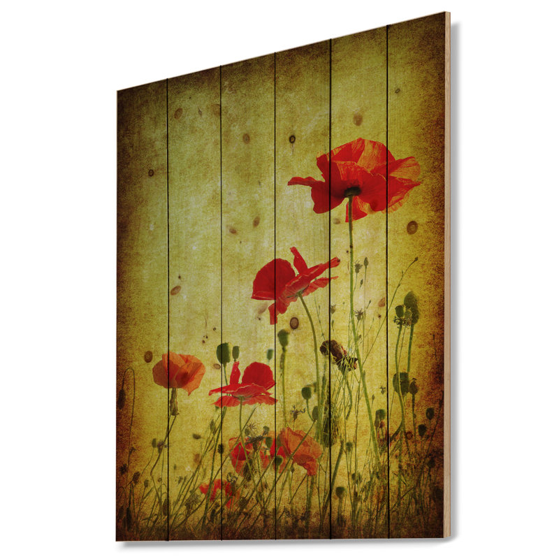 Fleurs de coquelicot sur fond grunge-impression d’art graphique, H 46 po x l 36 po x P 1,5 po, Bois