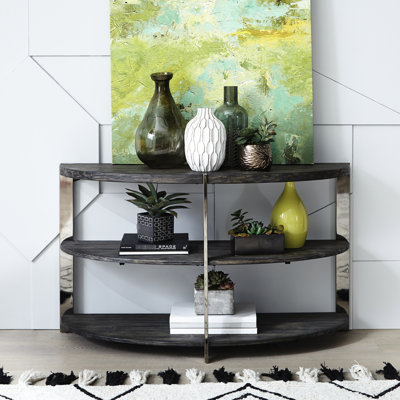 Console demi-lune élégante, 2 étagères ouvertes, gris anthracite et métal, idéale pour le salon, la chambre ou l'entrée.