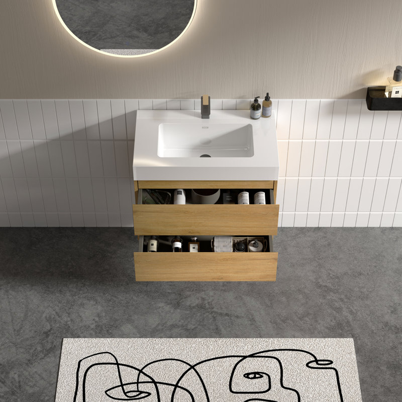 30 Inch Wall-Mounted Single Bathroom Vanity with Solid Surface Top with Overflow, Pre-Assembled, Natural Oak, 30", White