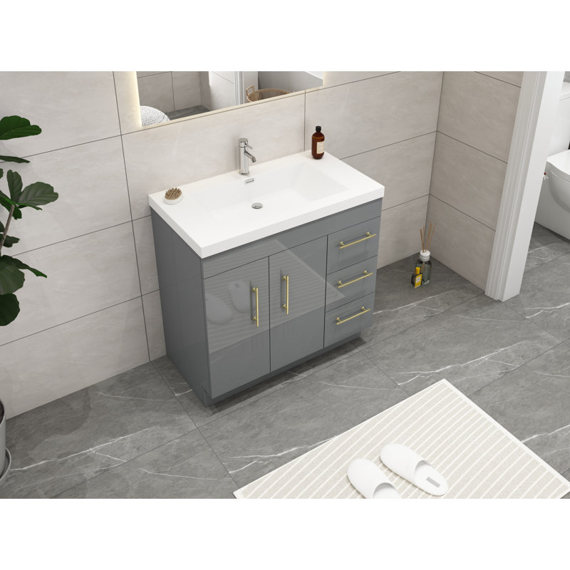 Meuble-lavabo simple 36 po Carliss, Gris lustré, Or