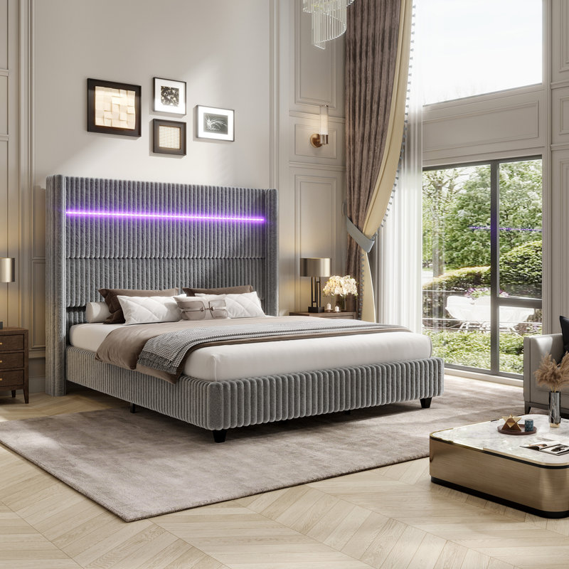 Lit à oreilles Gerasim Queen gris de 152 cm de haut, en fausse fourrure, avec éclairage DEL et port de chargement USB, gris