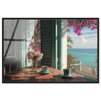 «Morning Coffee Ocean View», art mural encadré à la cuisine par Art Remedy, cadre noir, 45 x 30