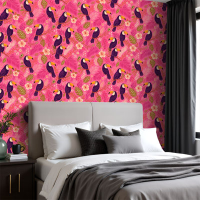 Peel and Stick Wallpaper Tropical Toucan Floral Pink Wall Mural 23.6"W x 118"H Self Adhesive Removable