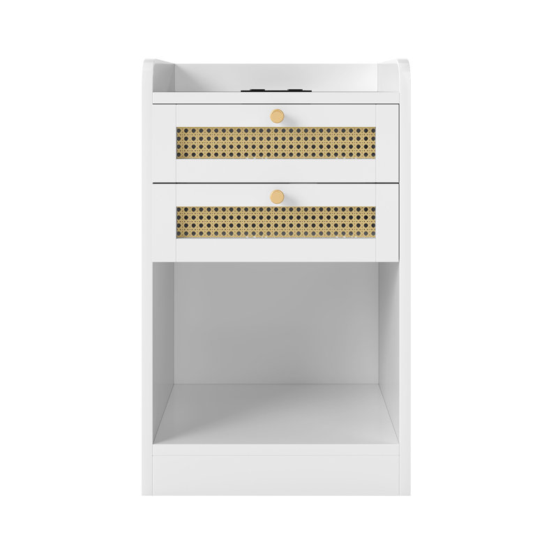  Tables de chevet Boho l 15,7 po | 2 tiroirs et prises USB / CA (ensemble de 2), Blanc