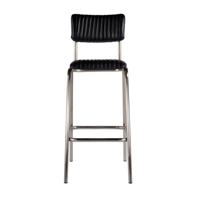 Waylon 30 in. Seat Height Leather and Iron Bar Height Stool with Back and Footrest, Silver/Black