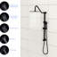 Douche noire mate avec douchette à 5 fonctions et barre de douche coulissante de 67 cm. Pommeau de 25 cm, fixation murale. Installation facile. Modes de jet : pluie, massage, mousse. Accessoires inclus. Nettoyez la buse. Kit de garniture de robinet non inclus.