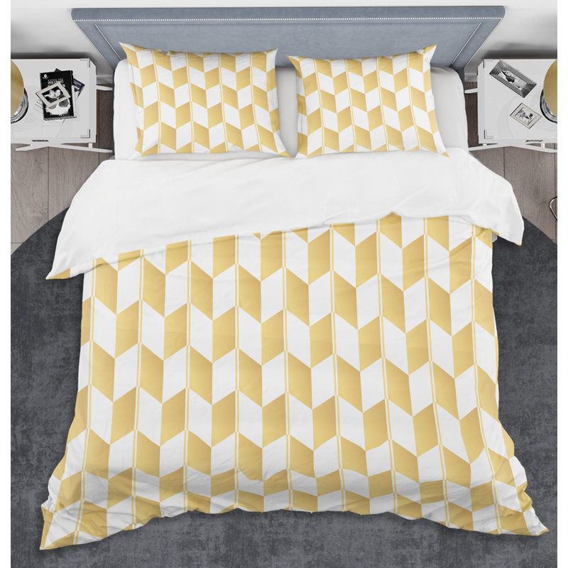 King Gold and White Geometric Microfiber Duvet Cover Set