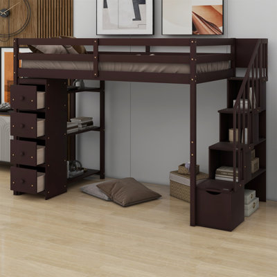 Loft Bed With Shelves,Drawers And Stairs