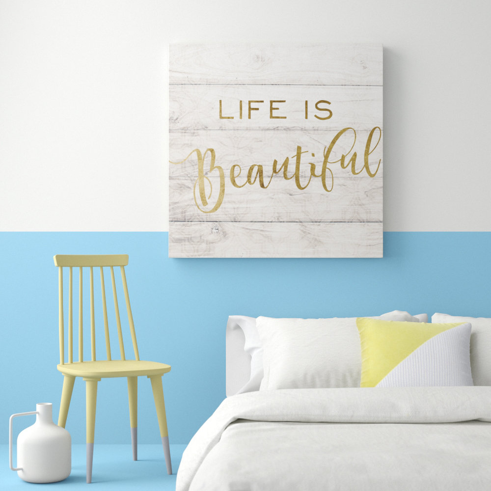 'Life Is Beautiful Rustic Gold' Typography on Wrapped Canvas