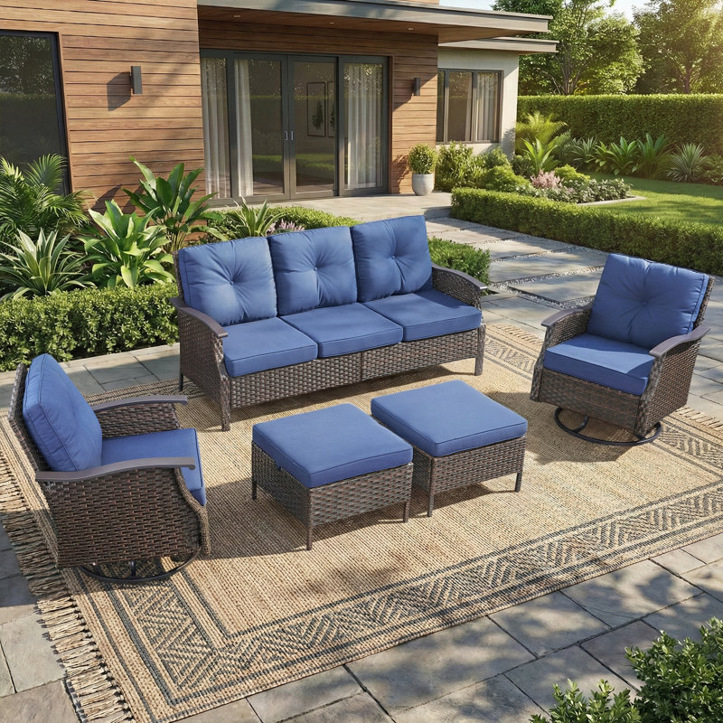 5-Piece Outdoor Wicker Rattan Patio Sofa Set With Swivel Chairs And Ottomans