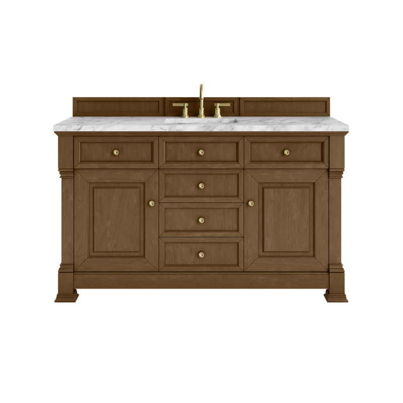 Brookfield Single Vanity, Honey Oak, Carrara White, Widespread