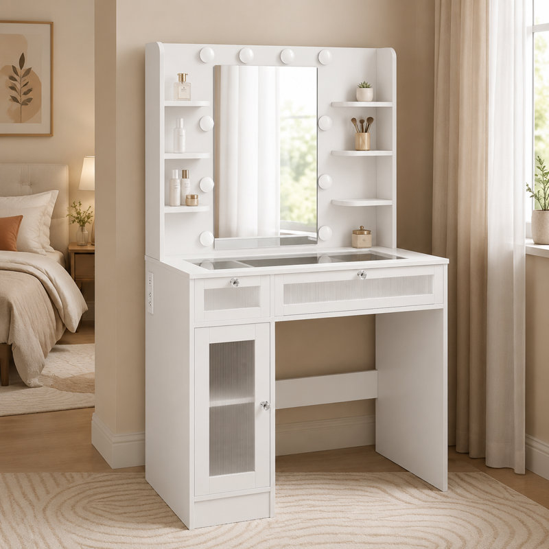 Bureau de meuble-lavabo lumineux, l 33,5 po x P 15,7 po x H 54,2 po, blanc (avec lumières et miroir, fonction de gradation, 2 tiroirs et 1 armoire, tablettes ouvertes)