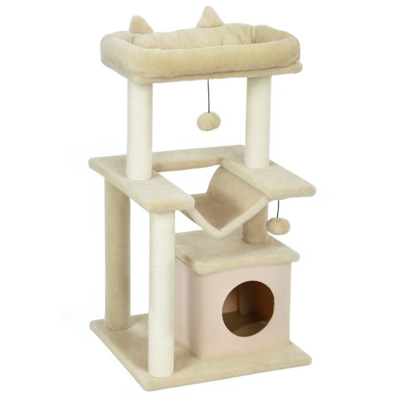 90cm Beige Cat Tree Tower with Sisal Scratching Posts, Cat Condo, Hammock, Top Perch & 2 Hanging Toys