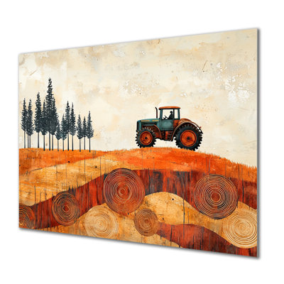 Automne, grange avec tracteur, paysage I - campagne, reproduction d'art sur métal