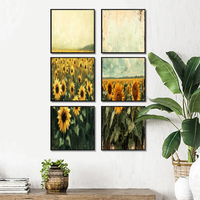 Été tournesol prairie dans les prairies - ensemble de 6 reproductions d'art sur toile