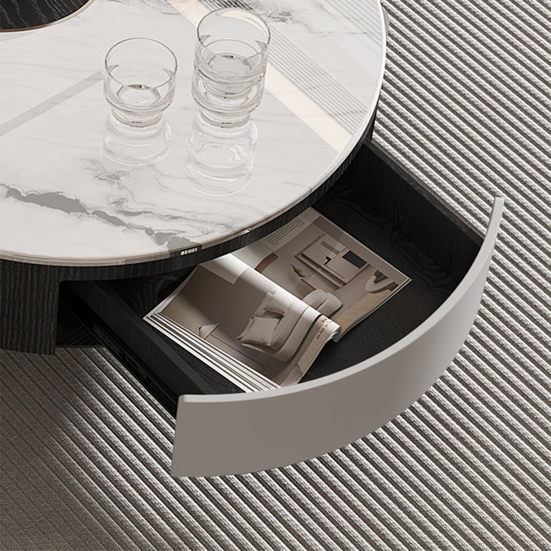 Table basse ronde en pierre micro-cristalline, Noir/acier inoxydable, Noir / blanc / transparent