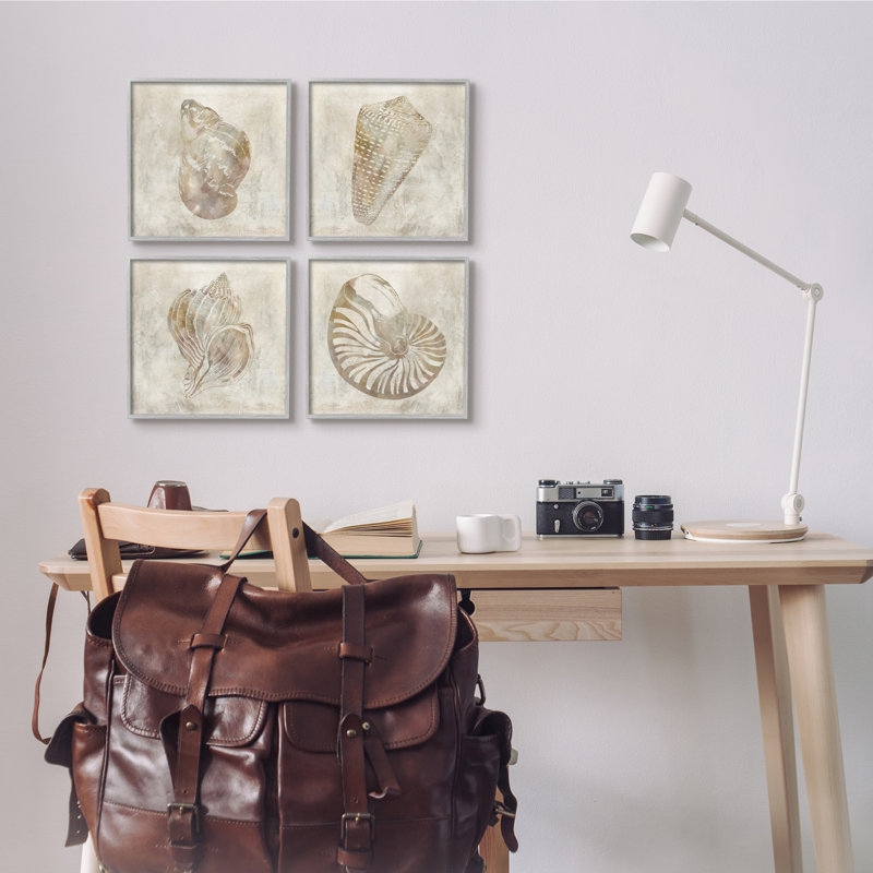" Vintage Nautilus Seashells Soft Brown Patterned Aquatic Animals " 4 - Pieces, 12" H x 12" W x 1.5" D