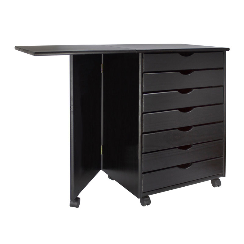 Black Solid Wood 7-Drawer Drop Leaf Roll Cart Desk