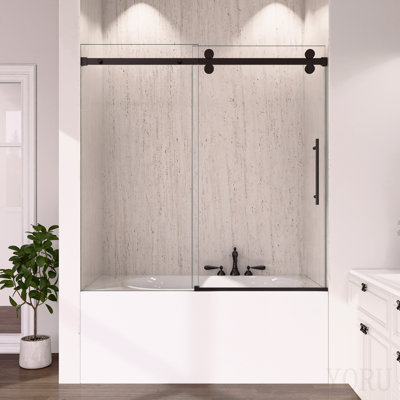 56-60"W X 60"H Frameless Sliding Tub Shower Door Enclosure, 5/16 Inches (8mm) Thick Sgcc Tempered Glass, Matte Black Hardware