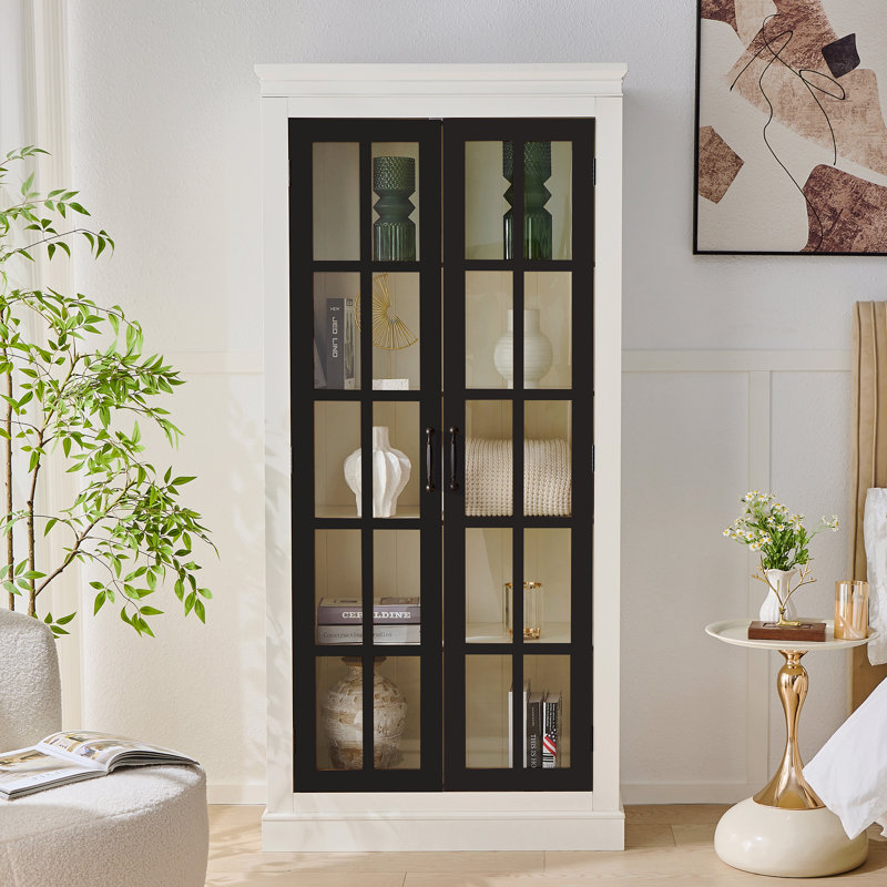 71.2'' Freestanding Pantry Cabinet With Glass Door, Farmhouse Display Cabinets With Storage, Curio Cabinet With Lattice Window