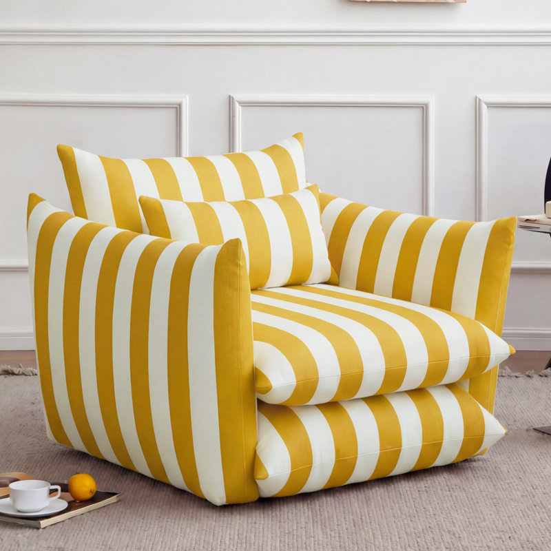 40" W Oversized Striped Accent Chair, Modern Coastal Armchair with Plinth Base and Reversible Cushions, Lounge Chair and a Half for Living Room