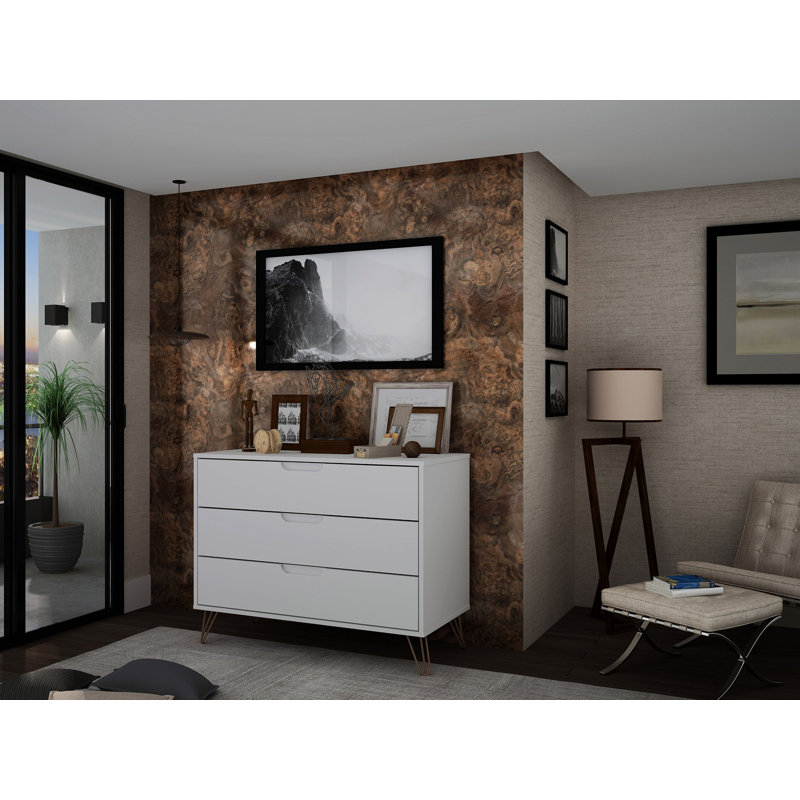 Commode 35 po Rockefeller en blanc (3 tiroirs), Blanc/Noir
