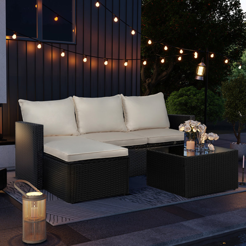  3 Piece Outdoor Sectional Patio Sofa, All-Weather Wicker Rattan Outdoor Furniture Set With Glass Table And Cushions, Beige