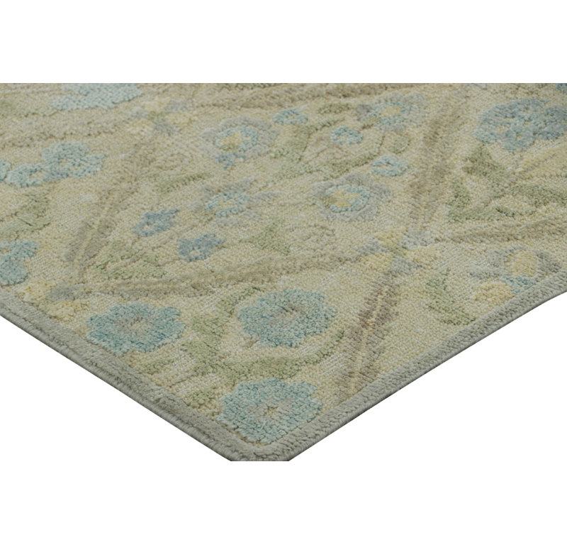 Rug & Kilim’S Block Print Rug With Blue And Green Floral Patterns, Runner 3' x 8'