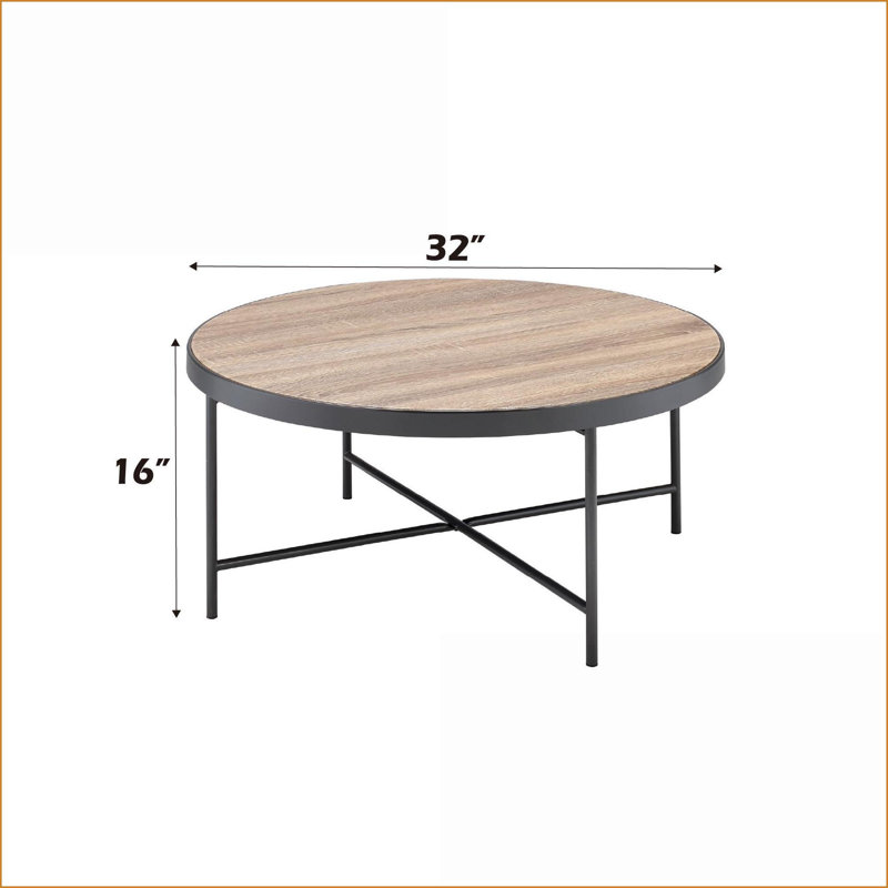 Chêne gris patiné Table basse ronde en métal - style industriel, base en X stable