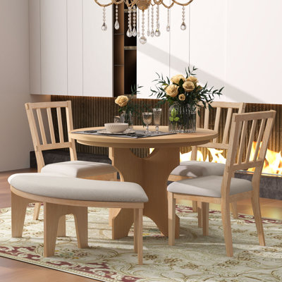 Modern Zanera 5-Piece Dining Table Set, 44" Round Dining Table with Curved Bench & Side Chairs,kitchen table set,dining table set,dining room set