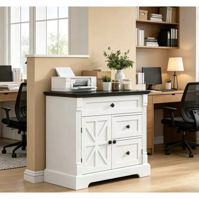 Meuble d'imprimante de style ferme de 76 cm (29,9 pouces), plateau noir, fini blanc, tiroir et portes de style grange, meuble de rangement en bois, table d'appoint pour imprimante de bureau à domicile, table de chevet multifonctionnelle pour salon ou chambre.