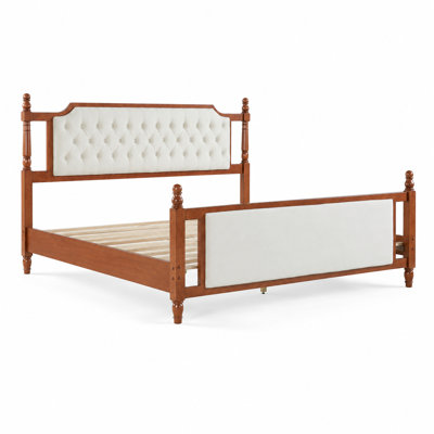 Très grand lit plateforme tapissier avec tête de lit capitonnée à boutons et pied de lit rembourré assorti, lit en bois massif de style campagne française moderne, support de lattes robuste, capacité de poids élevée
