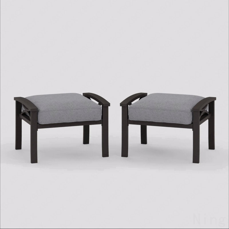 Set Of 2 All-Weather 26” Width Metal Ottomans, Khaki Frame With Gray Cushions, Khaki