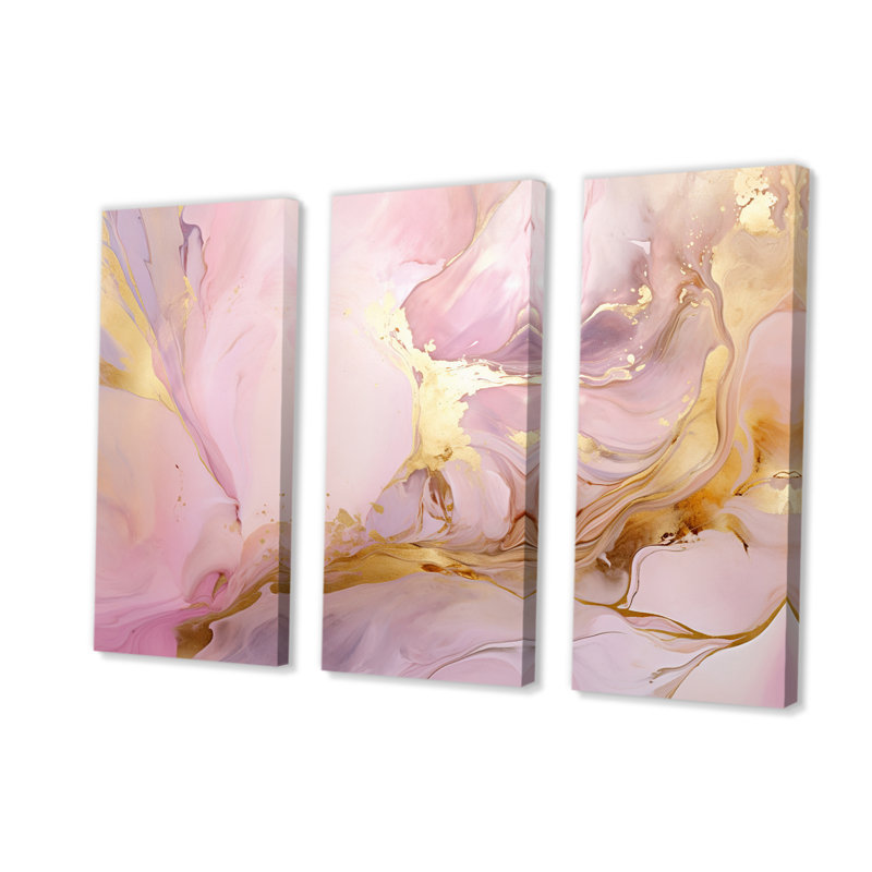 Tendre liquide rétro rose doré vagues 3 pièces, H 28 po x l 36 po x P 1 po