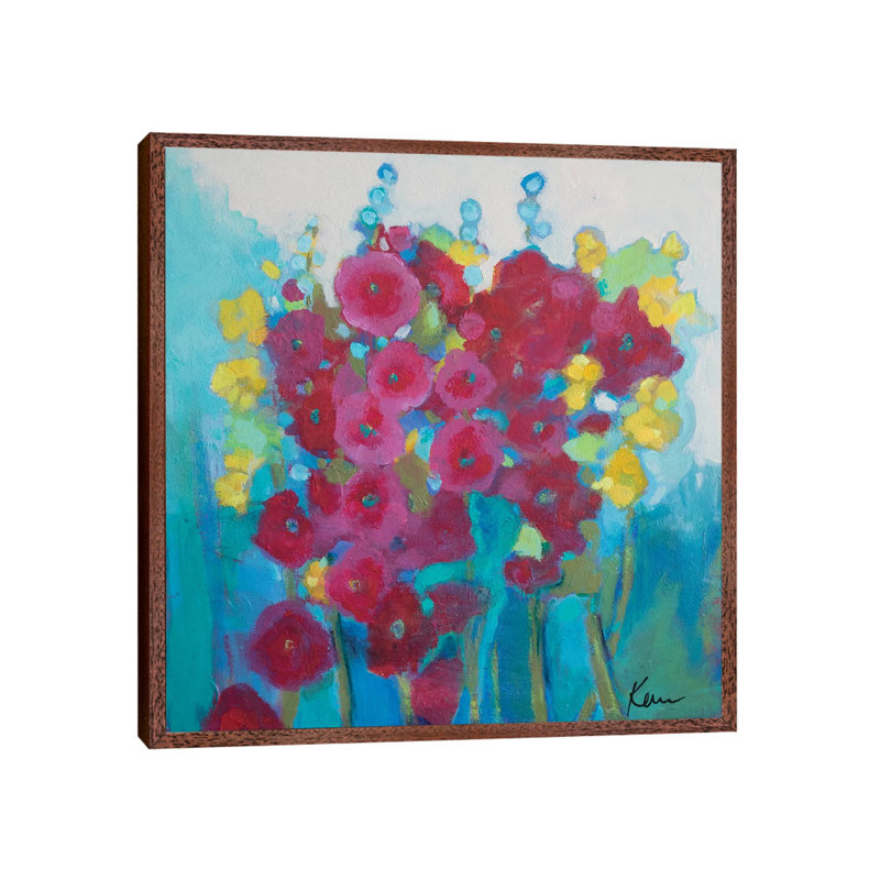 Hollyhock Happiness by Kerri Blackman - Painting on Canvas, 66.04cm H x 66.04cm W x 3.81cm D, Classic Brown Wood Framed
