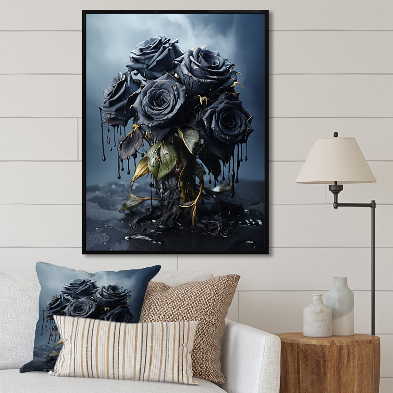 «Midnight Black and Blue Roses Bouqet I», art mural Roses, Cadre flottant noir, H 32 po x l 24 po