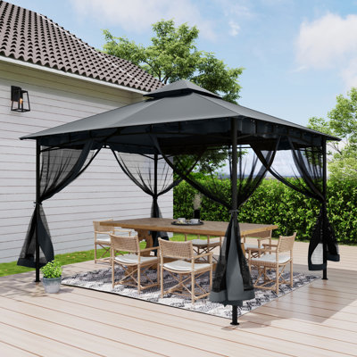Double Roof Soft Top Metal Patio Gazebo With Netting
