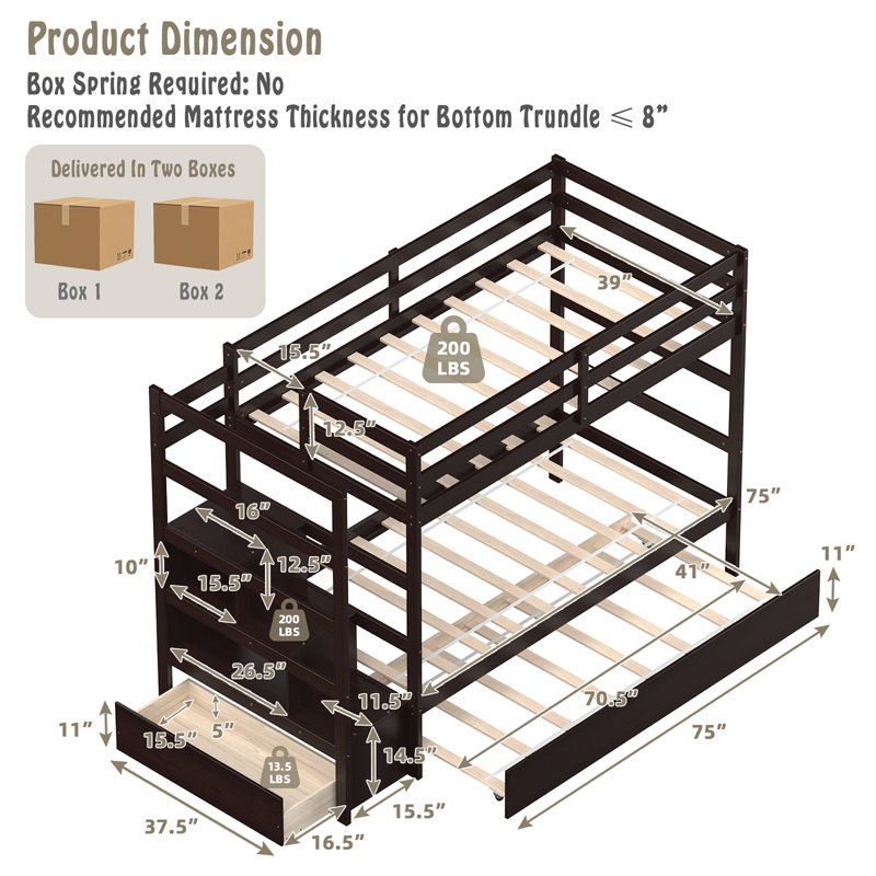 Edele Kids Twin Over Twin Bunk Bed, Espresso