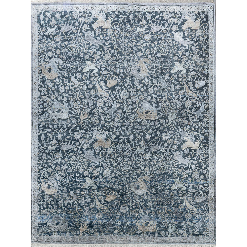 Hand Knotted Floral Area Rug, Rectangle 9' x 12'