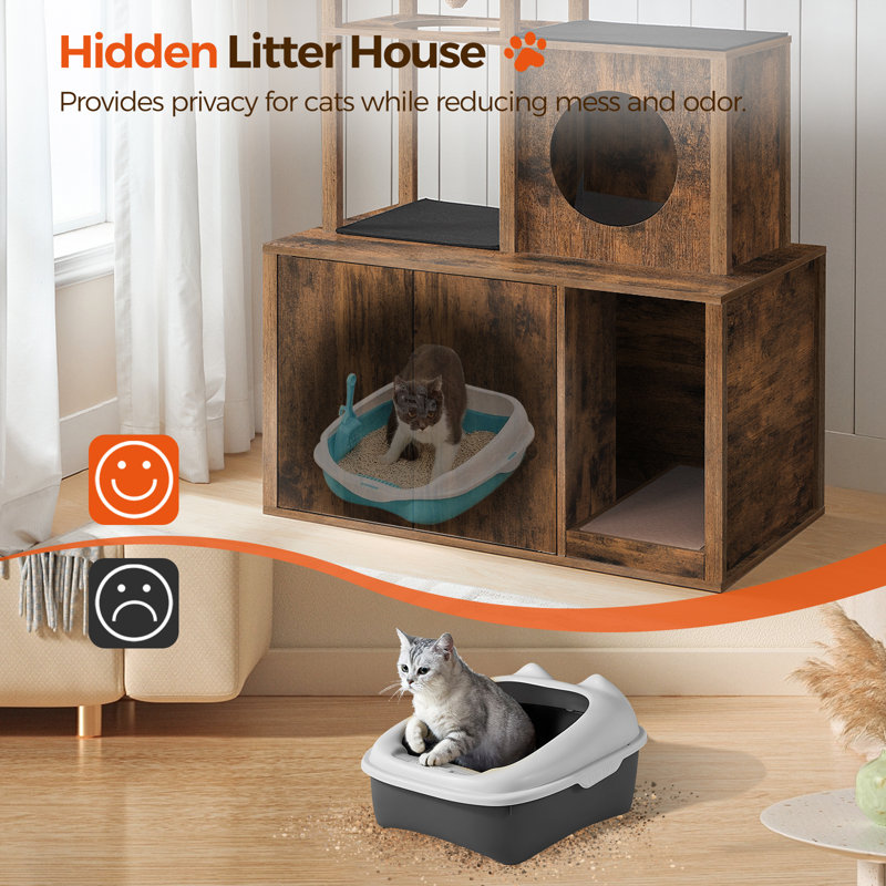Rustic Brown Wooden Cat Tree with Hidden Litter Box and Condo