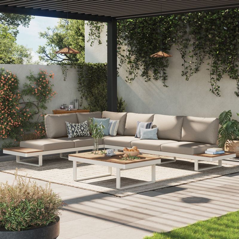 Canapé d'extérieur en aluminium avec table basse en bois de couleur teck, Coussin beige / structure beige