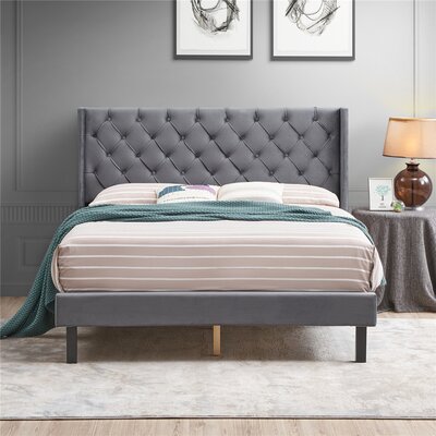 Queen Velvet Button Tufted-Upholstered Bed With Wings Design Gray -  Rosdorf Park, E5663210981D4EA28A372F44895EF6A6